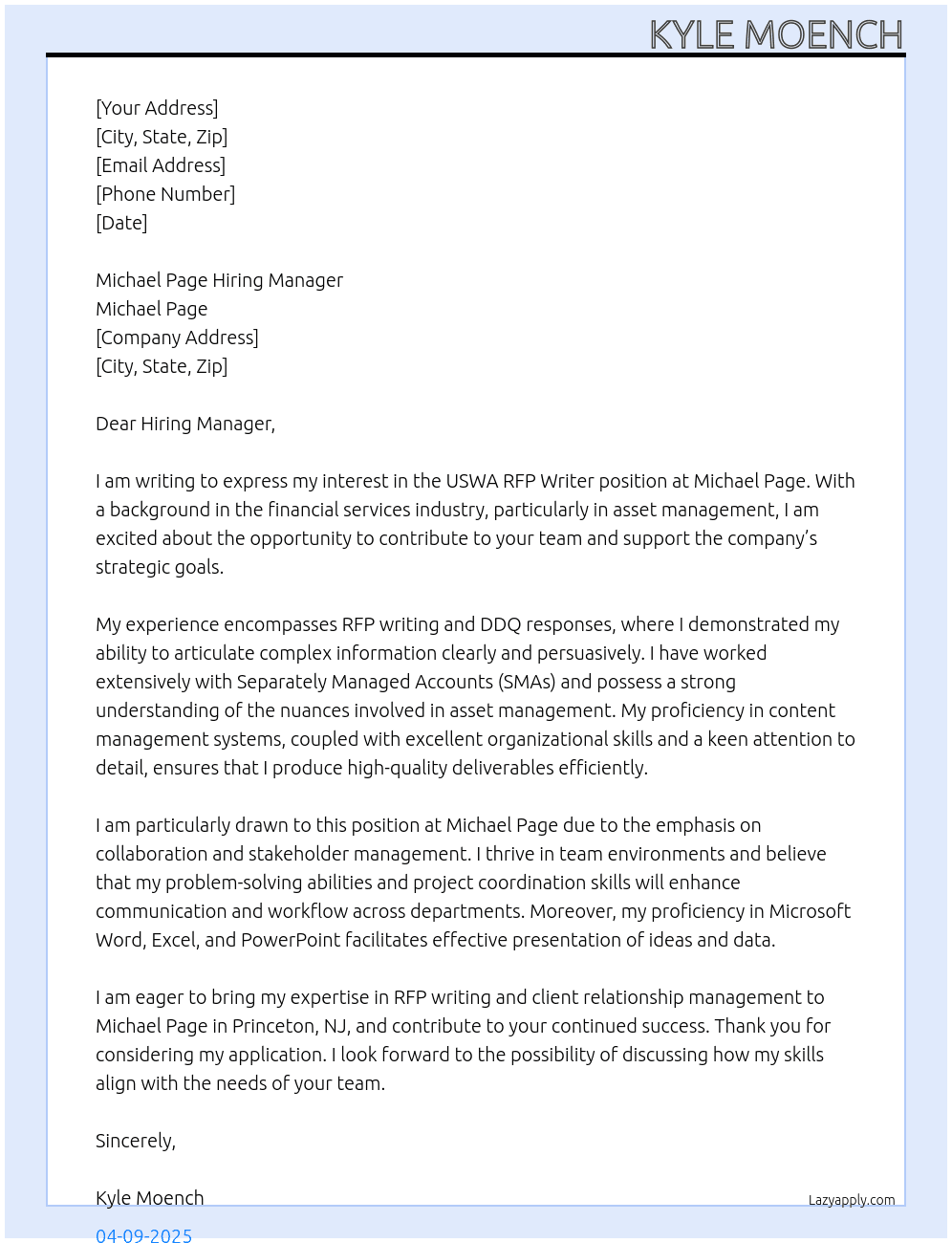 USWA  RFP Writer At Michael Page Cover Letter