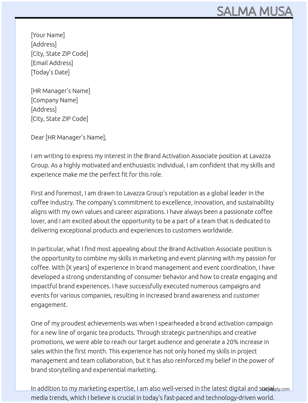 Brand Activation Associate At Lavazza Group Cover Letter