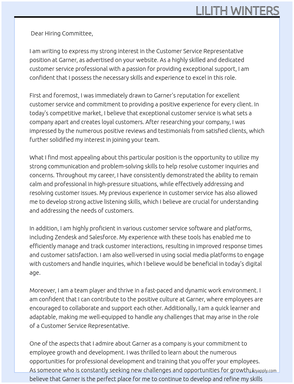 Customer Service Representative At Garner Cover Letter