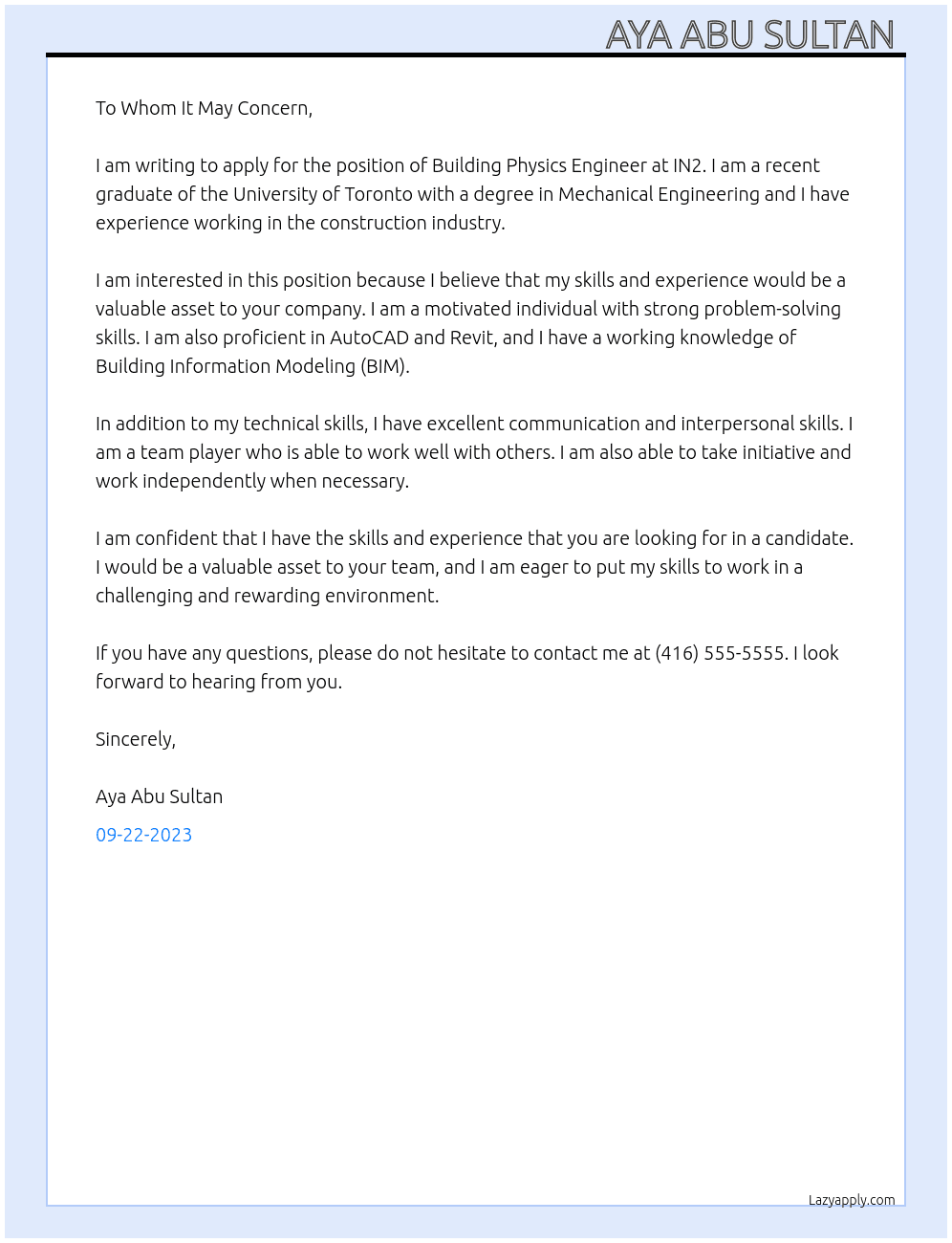 Building physics engineer  At IN2 Cover Letter