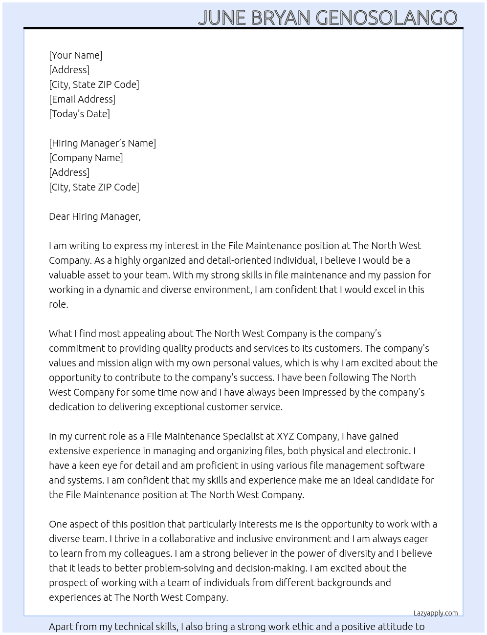File maintenance  At The North West Company  Cover Letter