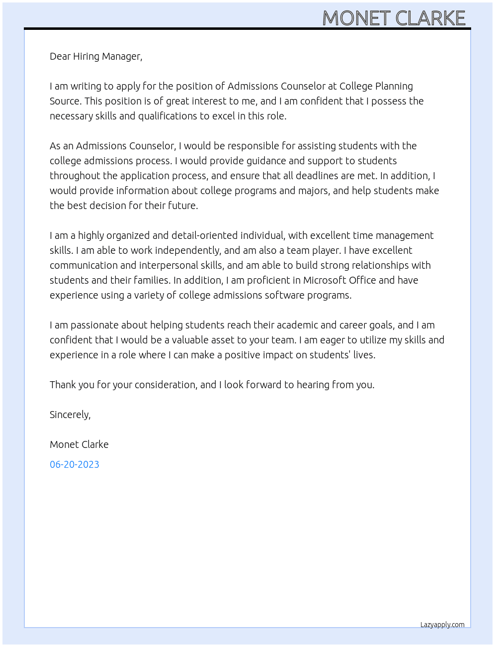 Admissions Counselor At College Planning Source Cover Letter