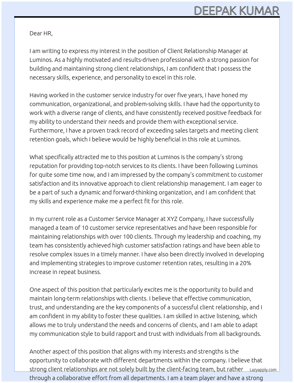 client relationship manager At Luminos Cover Letter