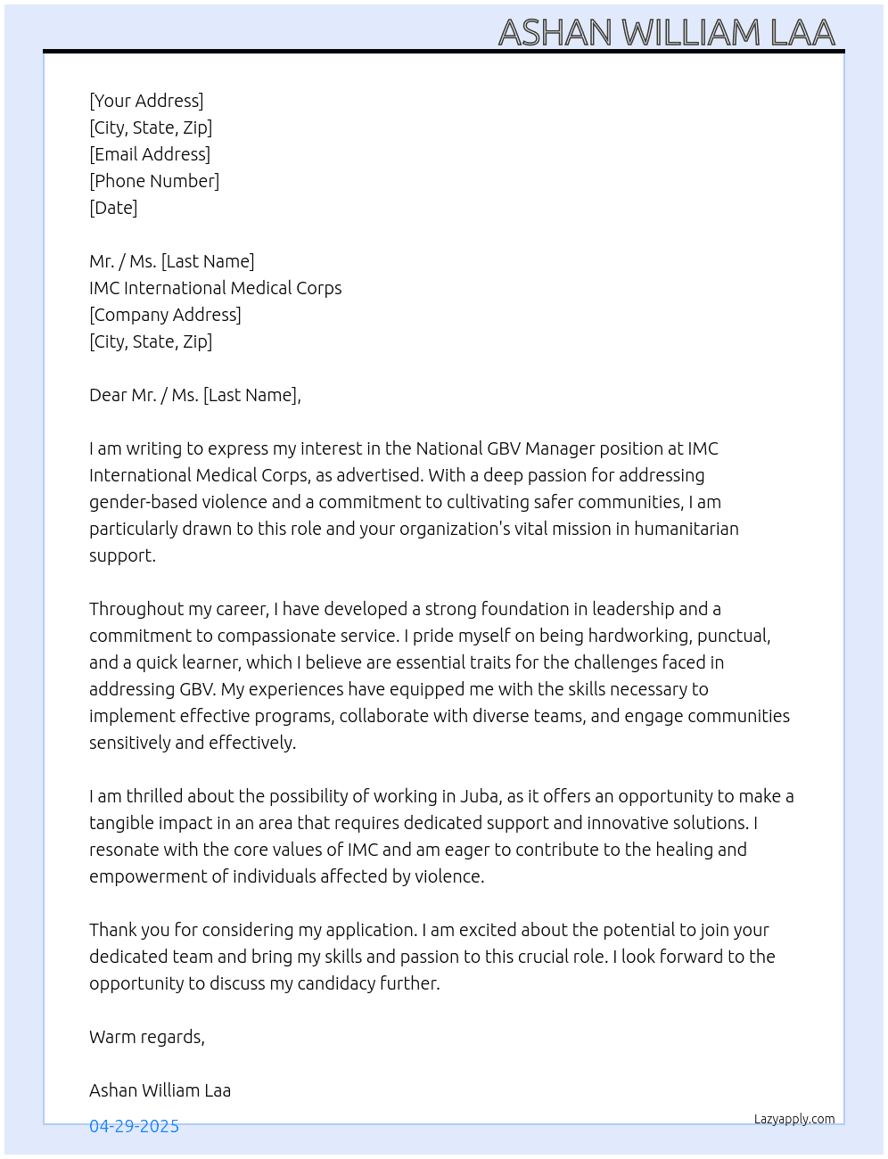 National GBV manager  At IMC International medical corps  Cover Letter