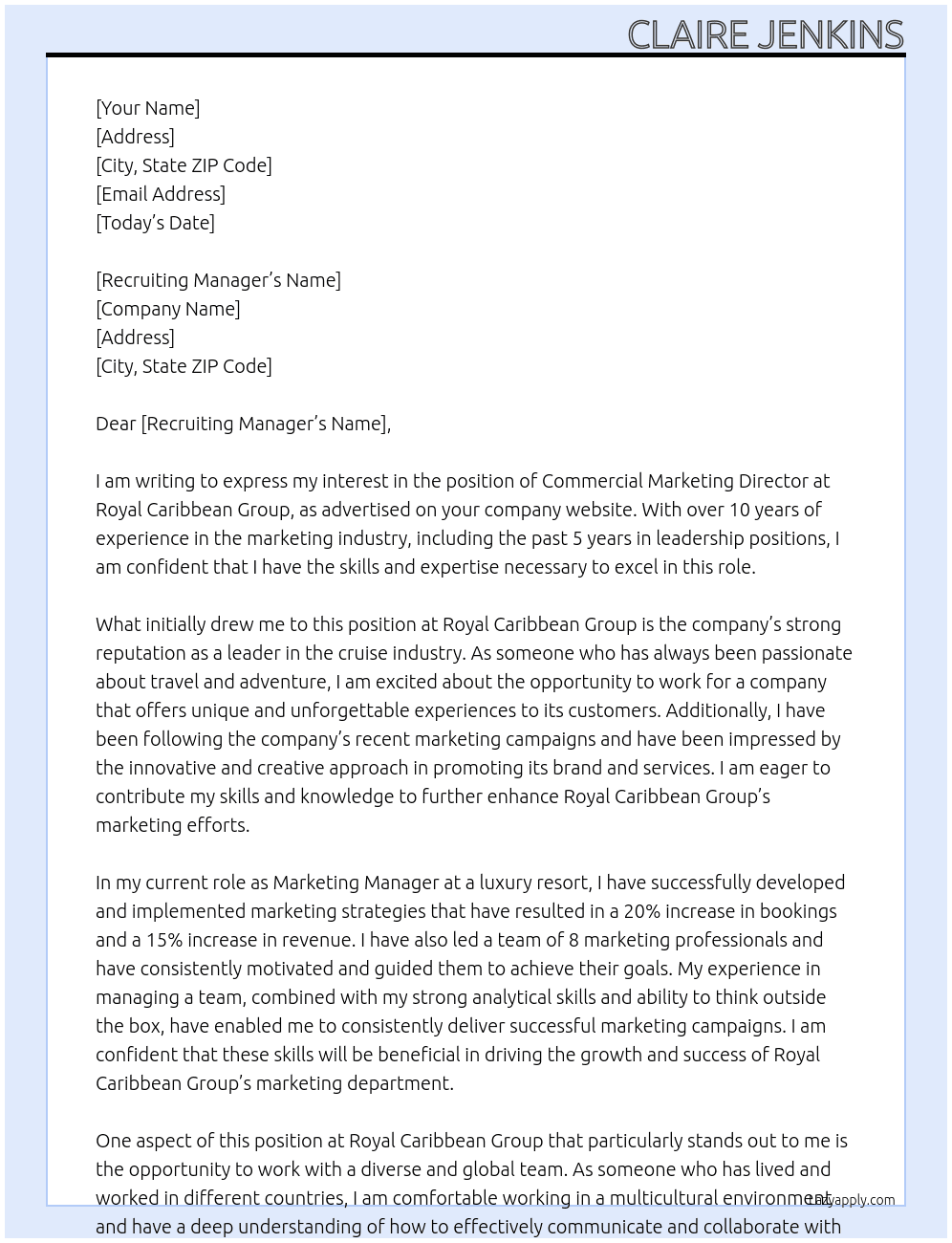Commercial Marketing Director At Royal Caribbean Group Cover Letter