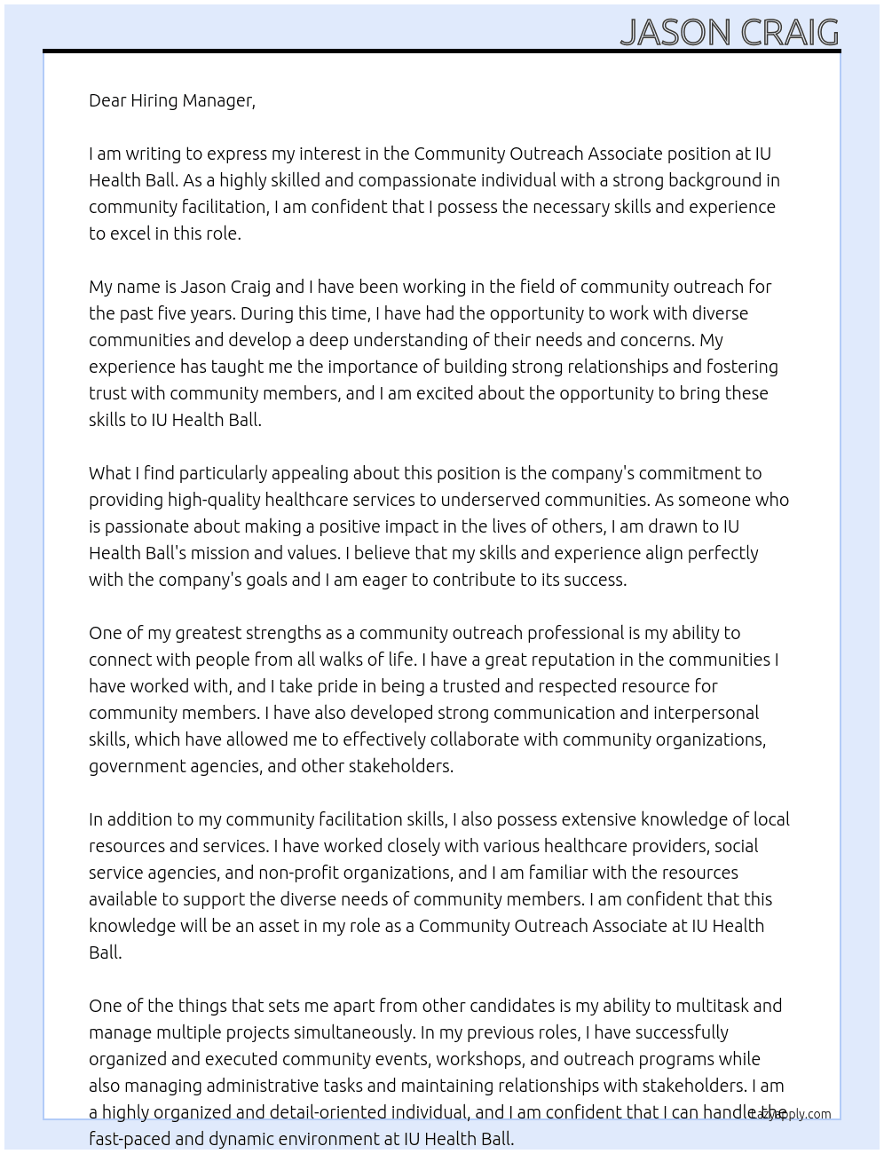 Community Outreach Associate At IU Health Ball Cover Letter