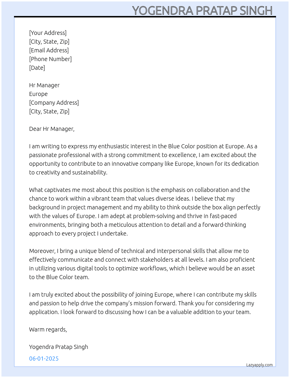Blue color  At Europe  Cover Letter