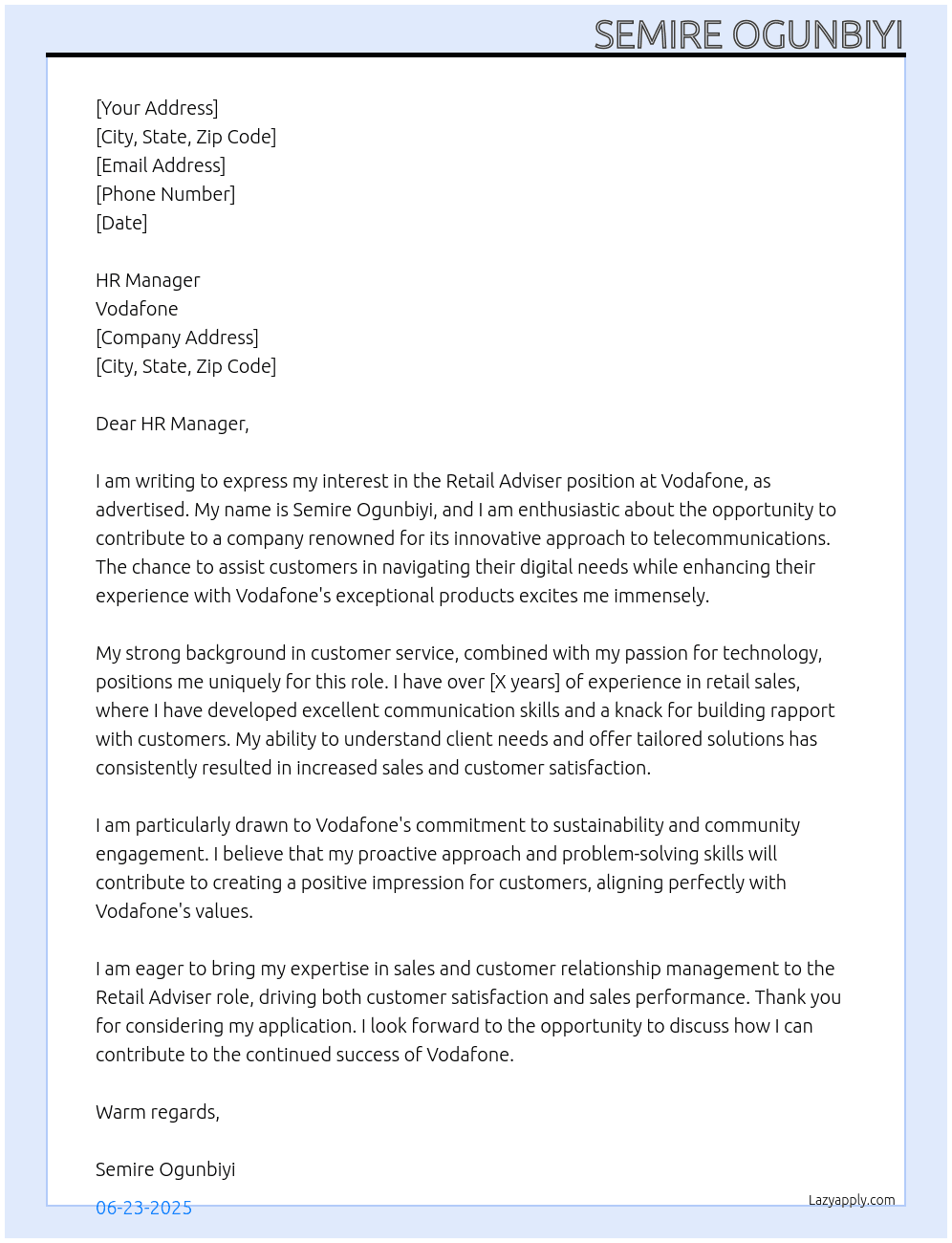 Cover letter for retail adviser - LazyApply