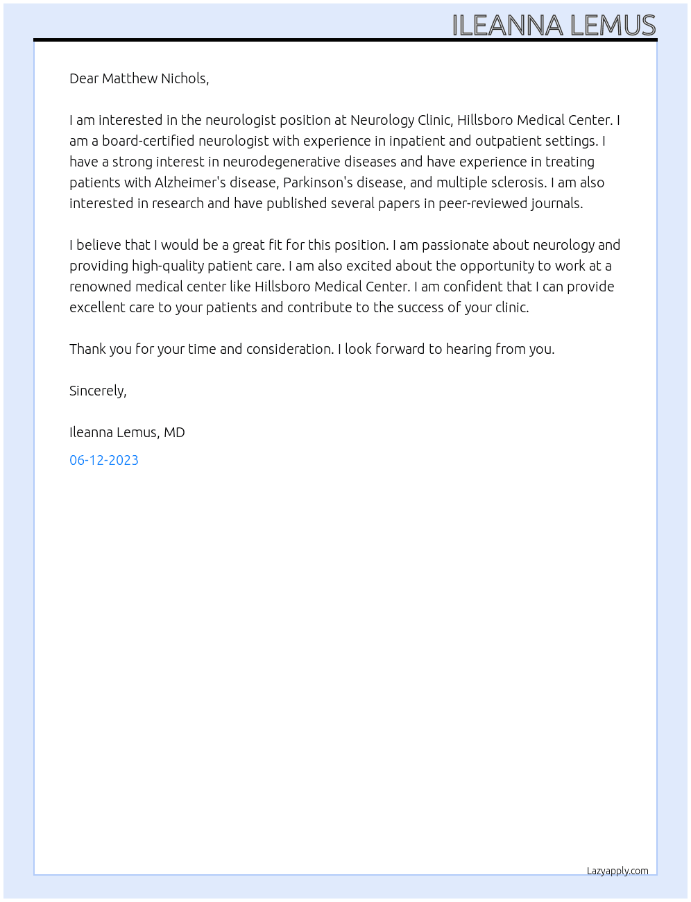 neurologist At Neurology Clinic, Hillsboro Medical Center Cover Letter