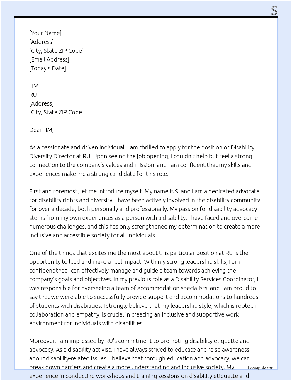 Disability Diversity Director At RU Cover Letter