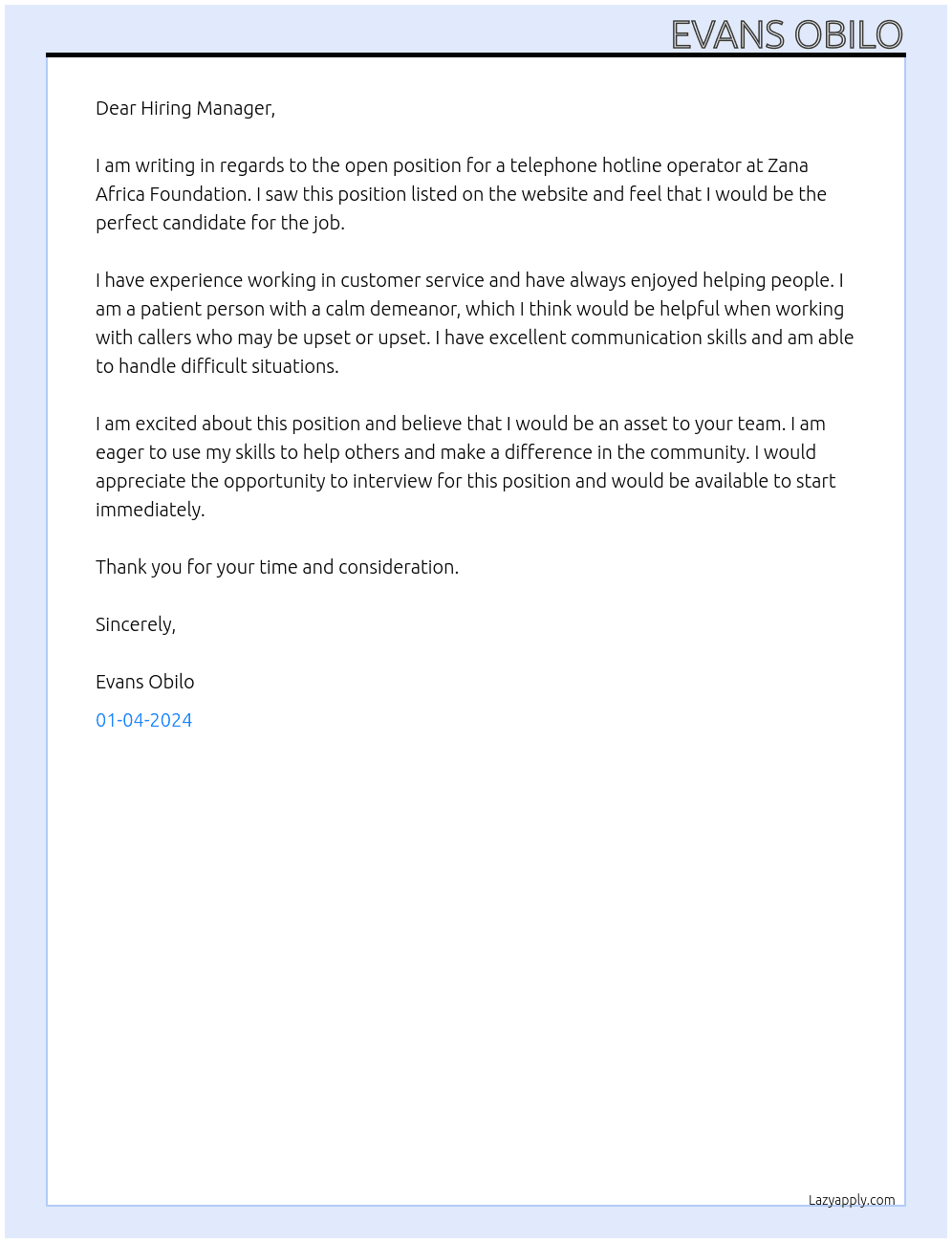 TELEPHONE HOTLINE OPERATOR At ZAna Africa foundation Cover Letter