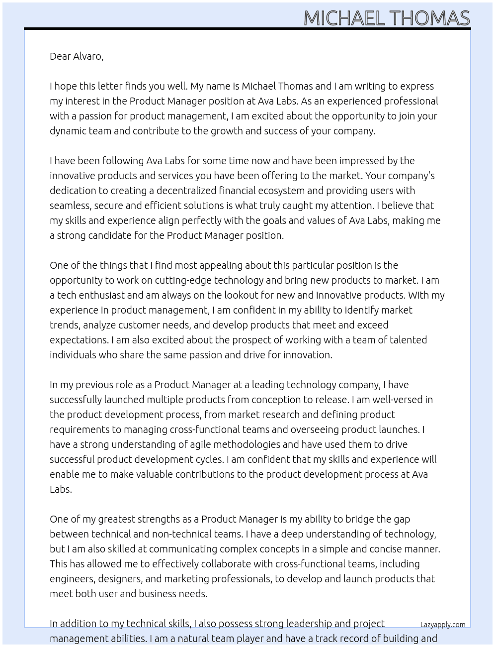 Product Manager At Ava Labs Cover Letter