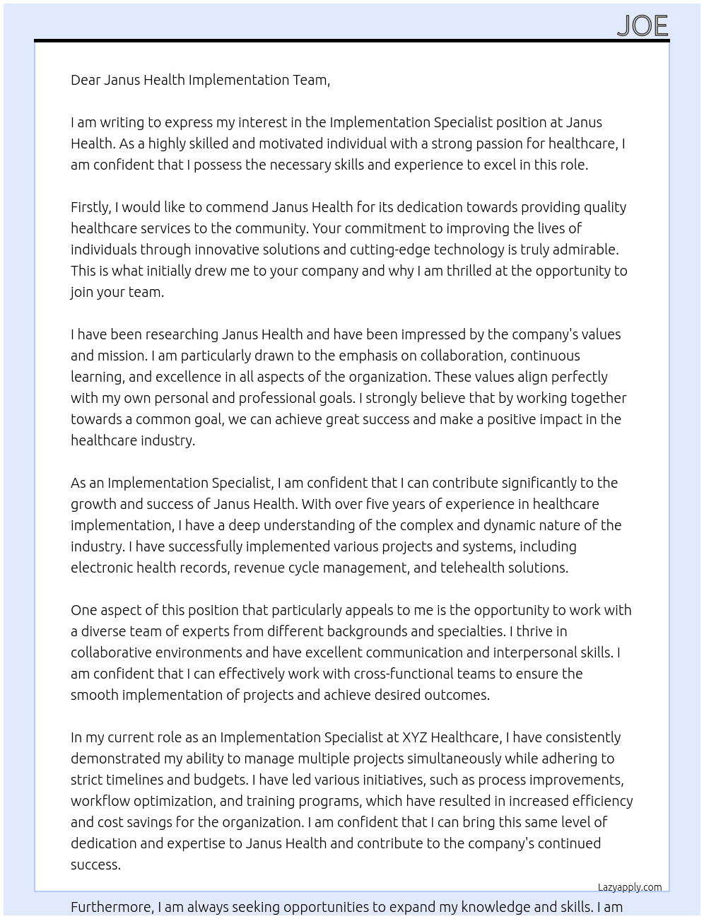 Implementation Specialist At Janus Health Cover Letter
