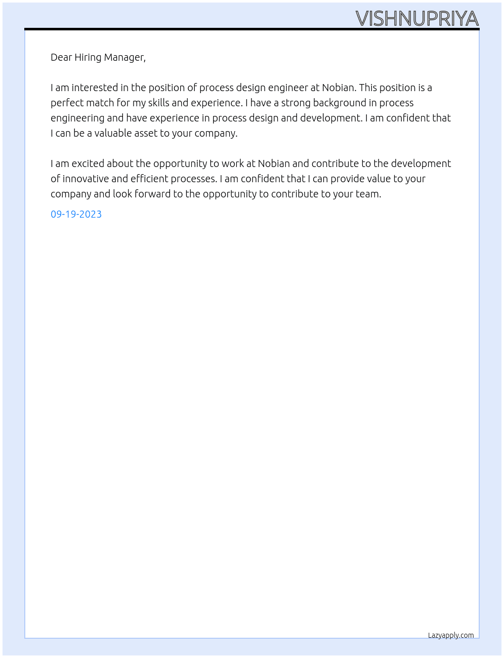 process design engineer At Nobian Cover Letter