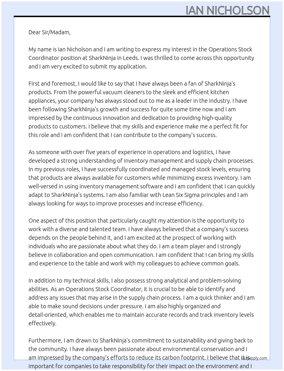 Operations Stock Coordinator At SharkNinja Cover Letter