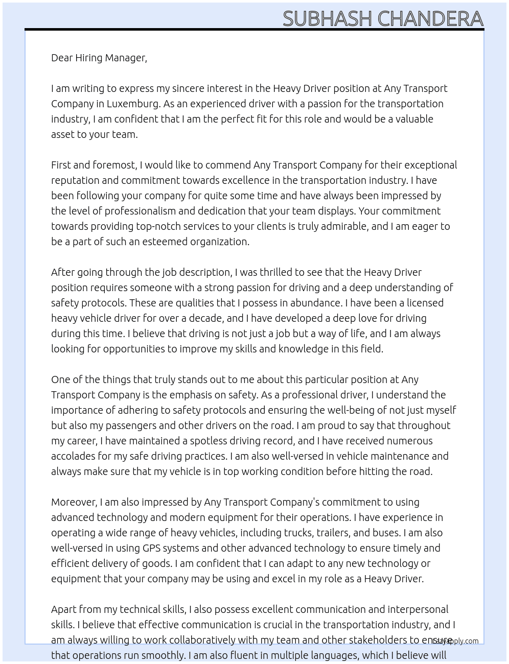 Heavy driver  At Luxemburg  Cover Letter