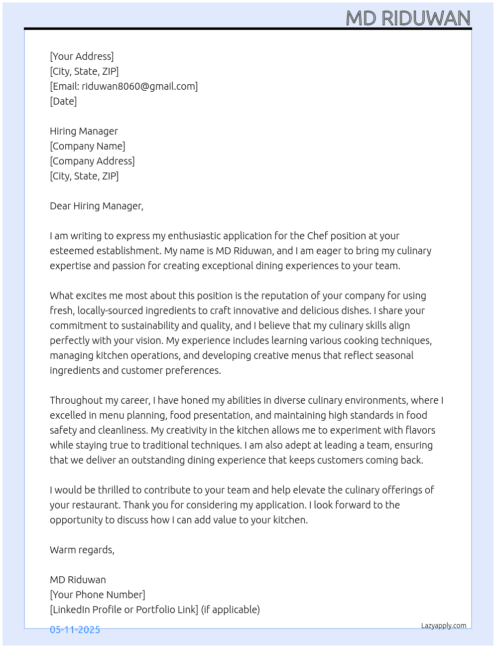 Chef  At riduwan8060@gmail.com Cover Letter