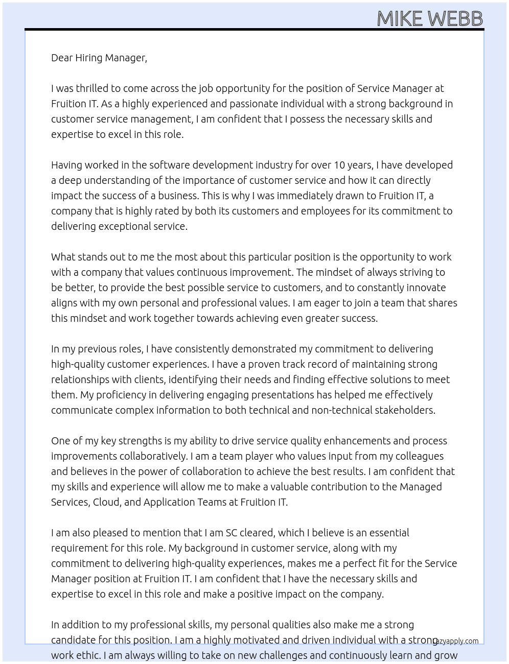 Service Manager At Fruition IT Cover Letter