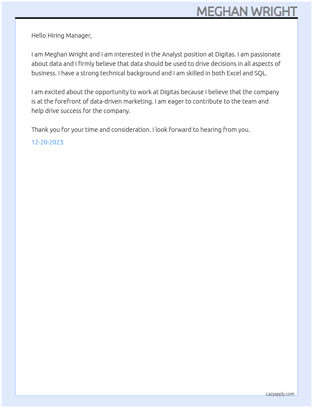 Analyst At Digitas Cover Letter