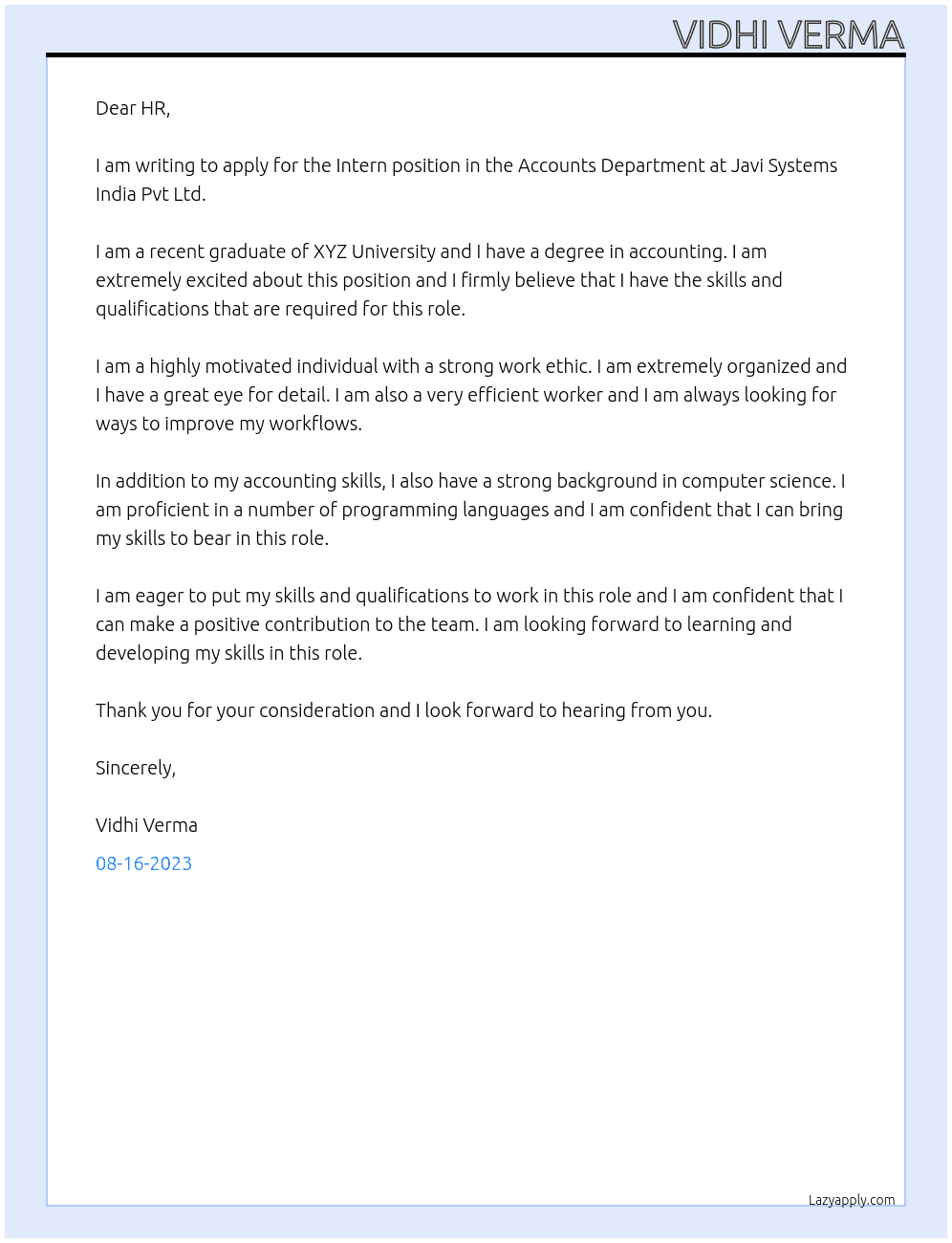 Intern in the Accounts Department At Javi Systems India Pvt Ltd Cover Letter