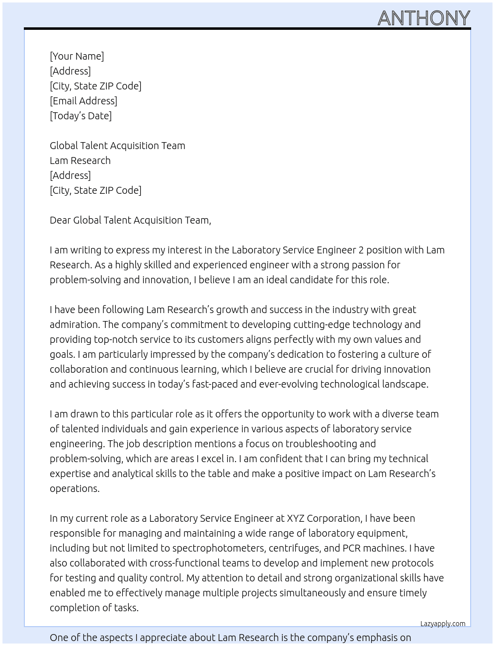 Laboratory Service Engineer 2 At Lam Research Cover Letter