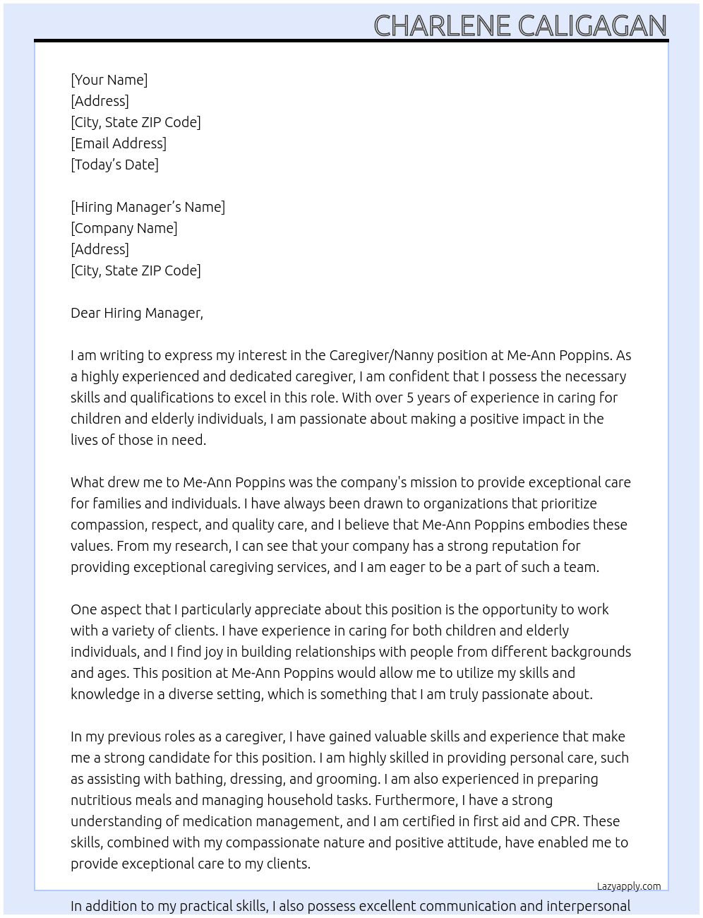 Caregiver/Nanny At Me-Ann Poppins Cover Letter