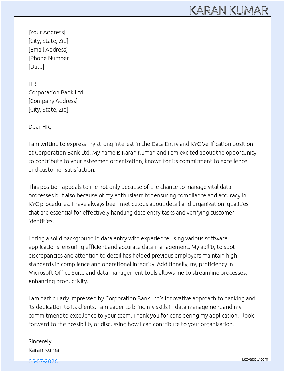 Cover letter for data entry and kyc verification - LazyApply