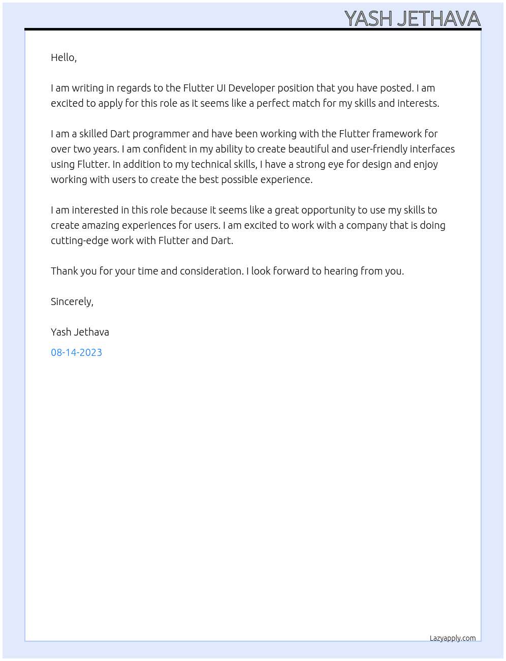 flutter devloper At sir/ Ma'am Cover Letter