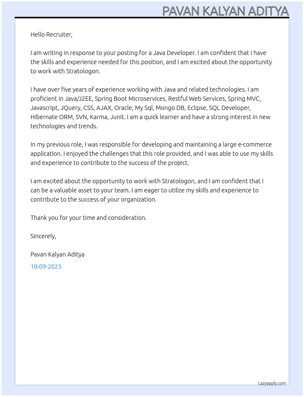 Java Developer At Stratologon Cover Letter