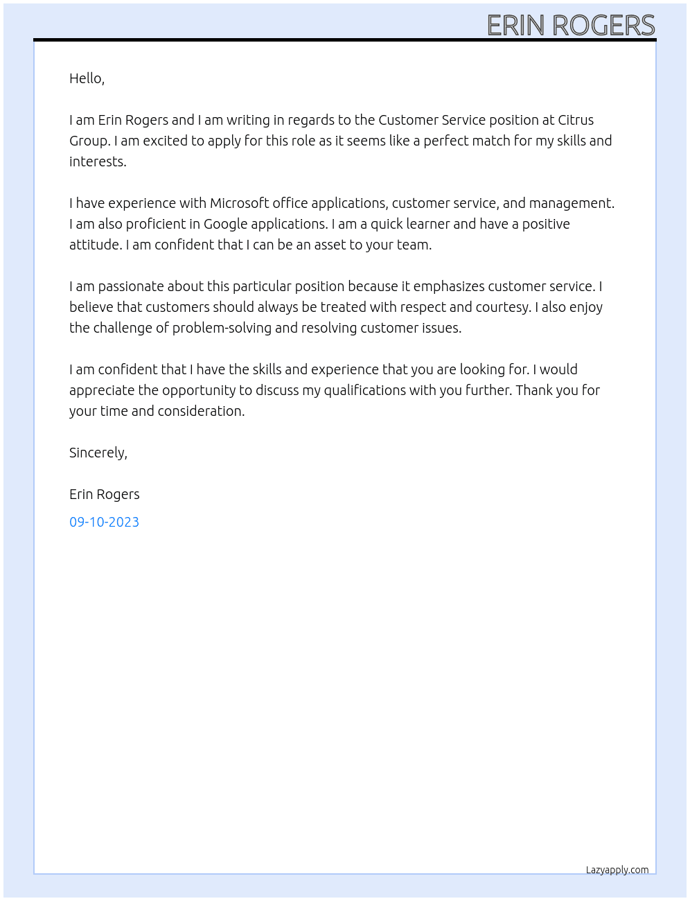 Customer Service  At Citrus group  Cover Letter