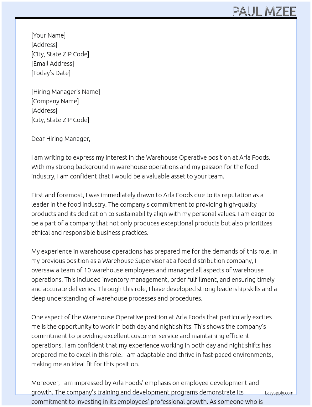 Warehouse Operative At  Arla Foods Day/Night Warehouse Operative Cover Letter