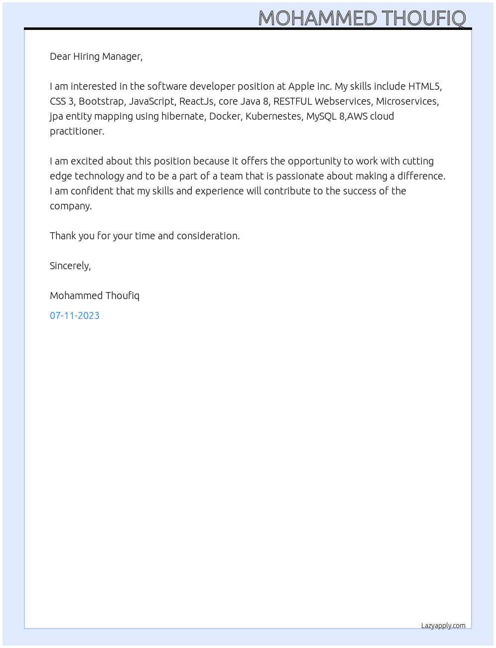 Software developer  At Apple inc. Cover Letter