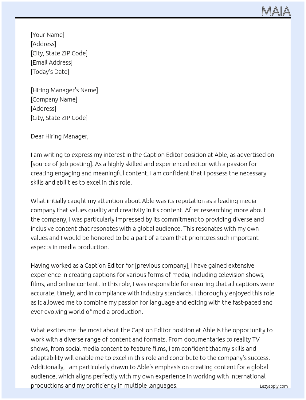 Caption Editor At Able Cover Letter