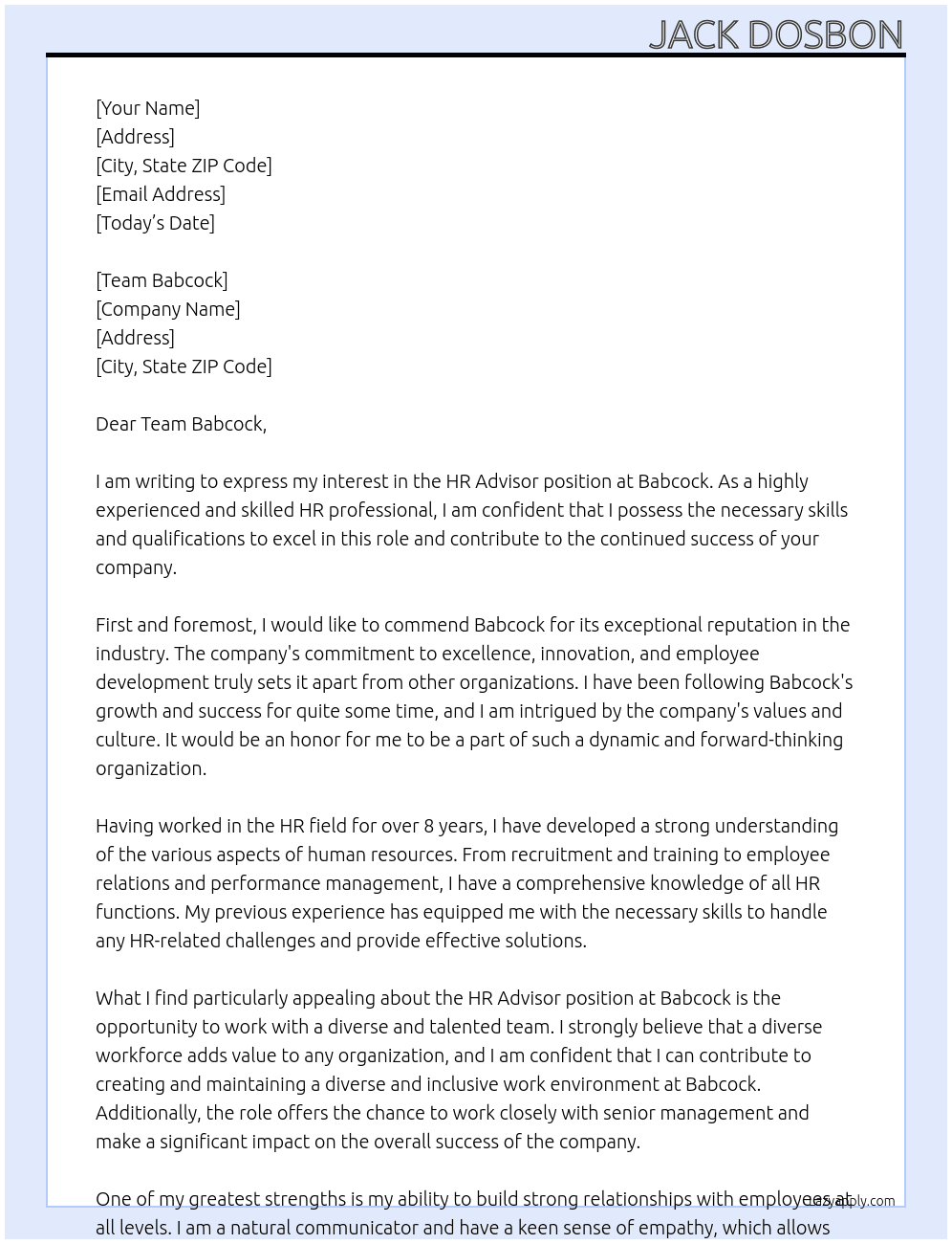 HR Advisor At Babcock Cover Letter
