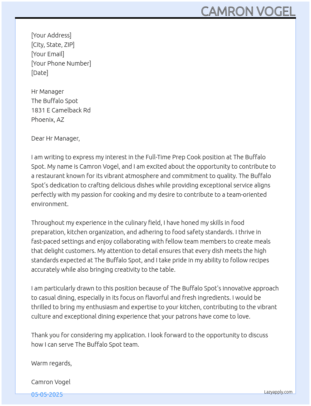Prep Cook At The Buffalo Spot  Cover Letter