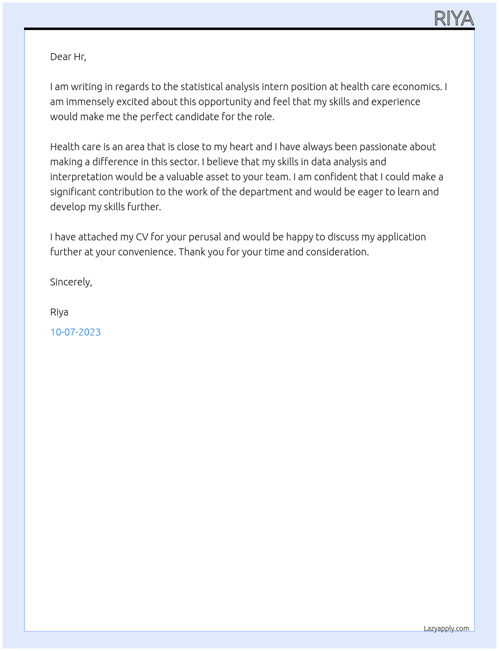 Statistical analysis intern at health care economics  At Pharmaquant Cover Letter