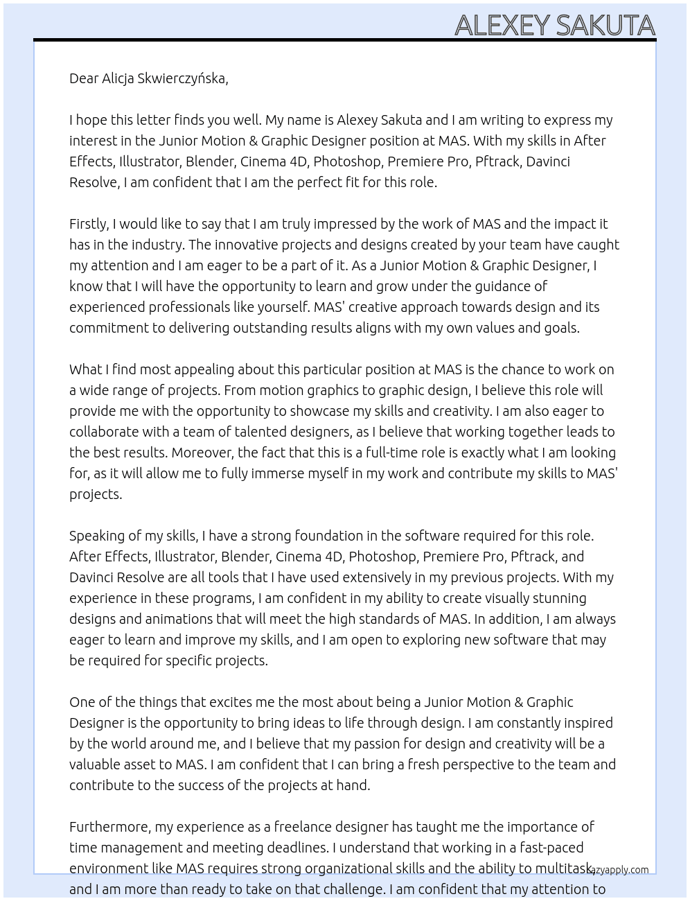 JUNIOR MOTION & GRAPHIC DESIGNER At MAS Cover Letter