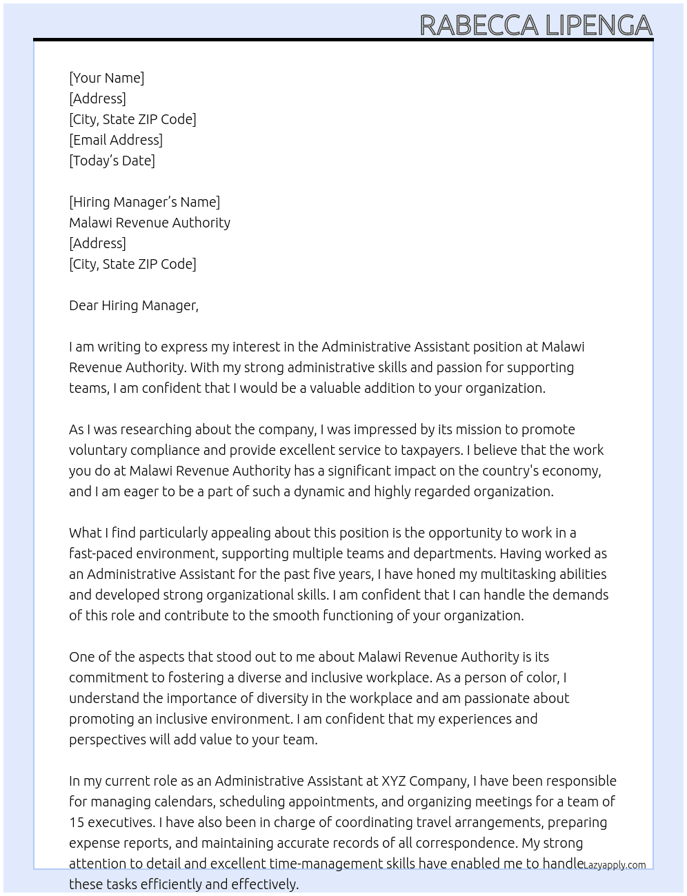 Administrative assistant  At Malawi revenue authority  Cover Letter
