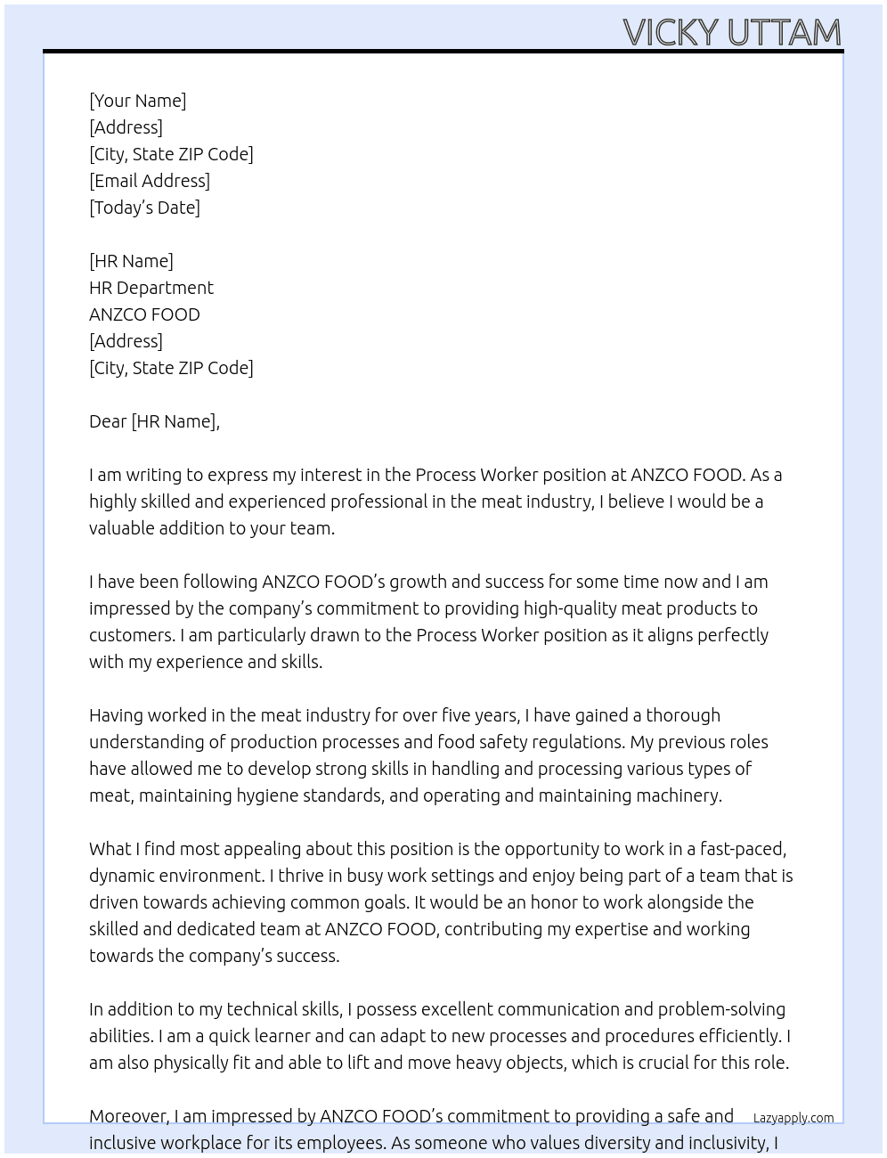 Process worker in meat company  At ANZCO FOOD  Cover Letter