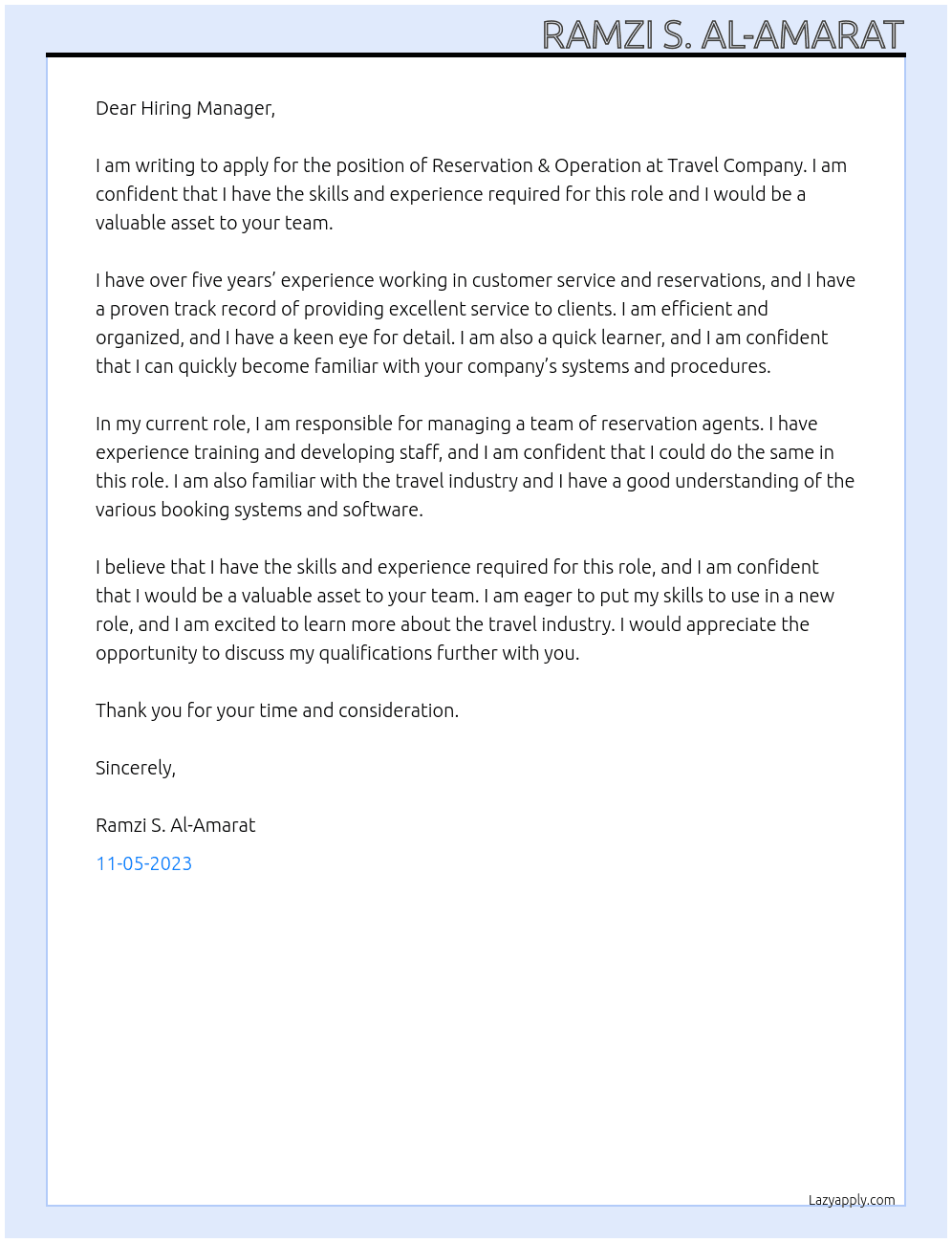 Reservation & Operation  At Travel Company  Cover Letter
