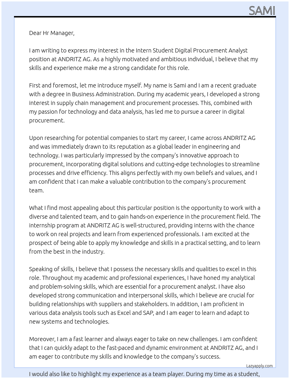 Intern Student Digital Procurement Analyst At ANDRITZ AG Cover Letter