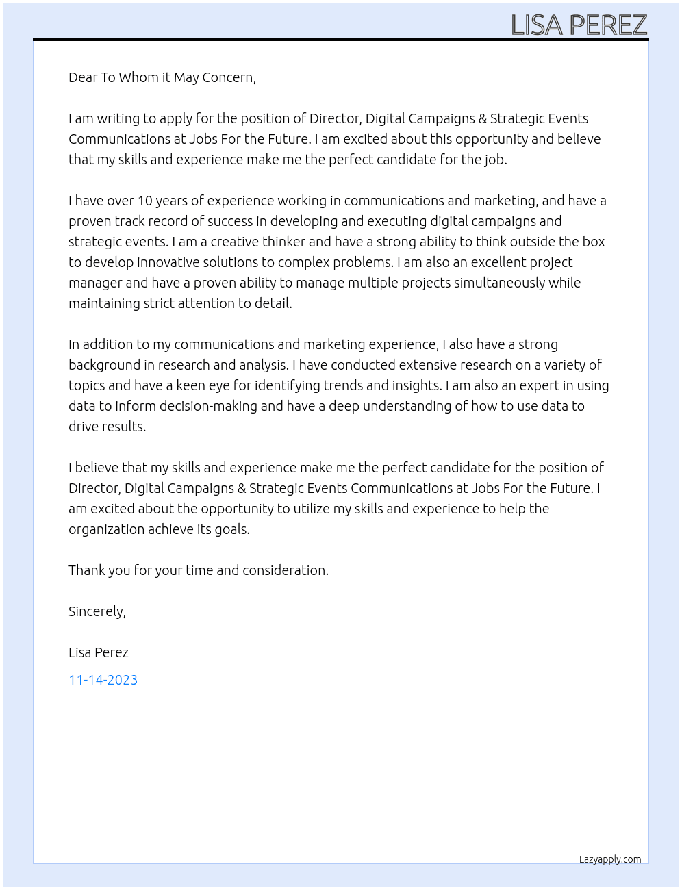 Director, Digital Campaigns & Strategic Events Communications At Jobs For the Future Cover Letter