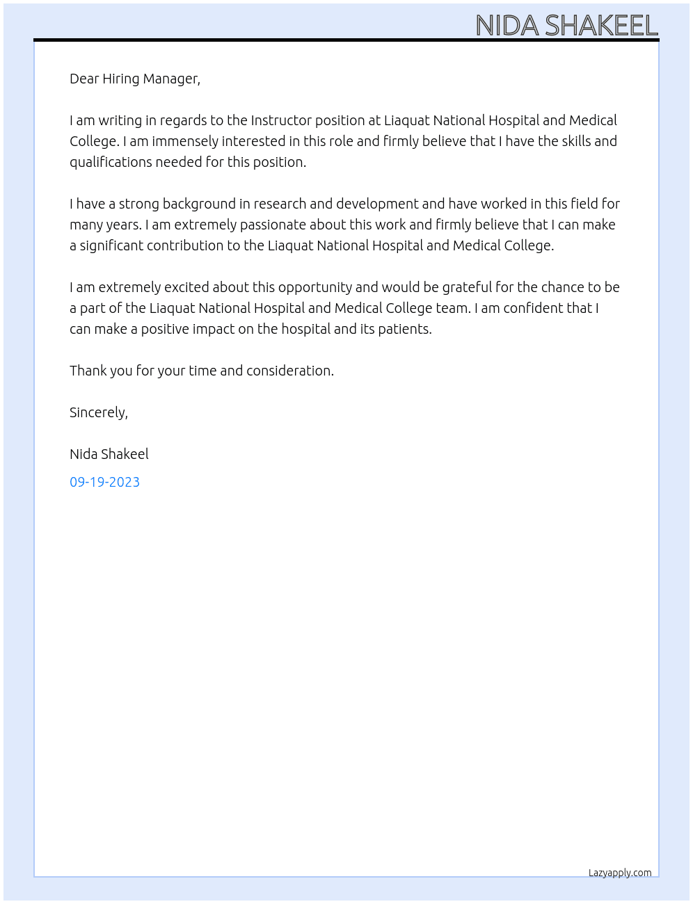 Instructor At Liaquat National Hospital and Medical College Cover Letter