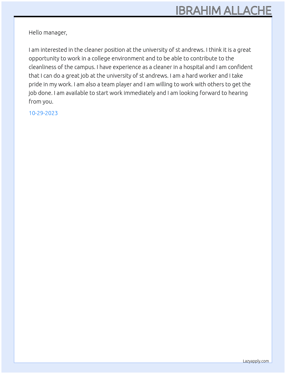 cleaner At university of st andrews Cover Letter