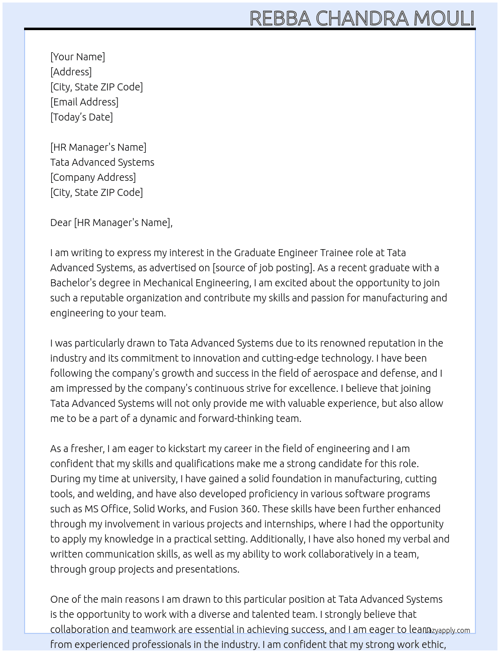 Fresher At Tata Advanced Systems Cover Letter