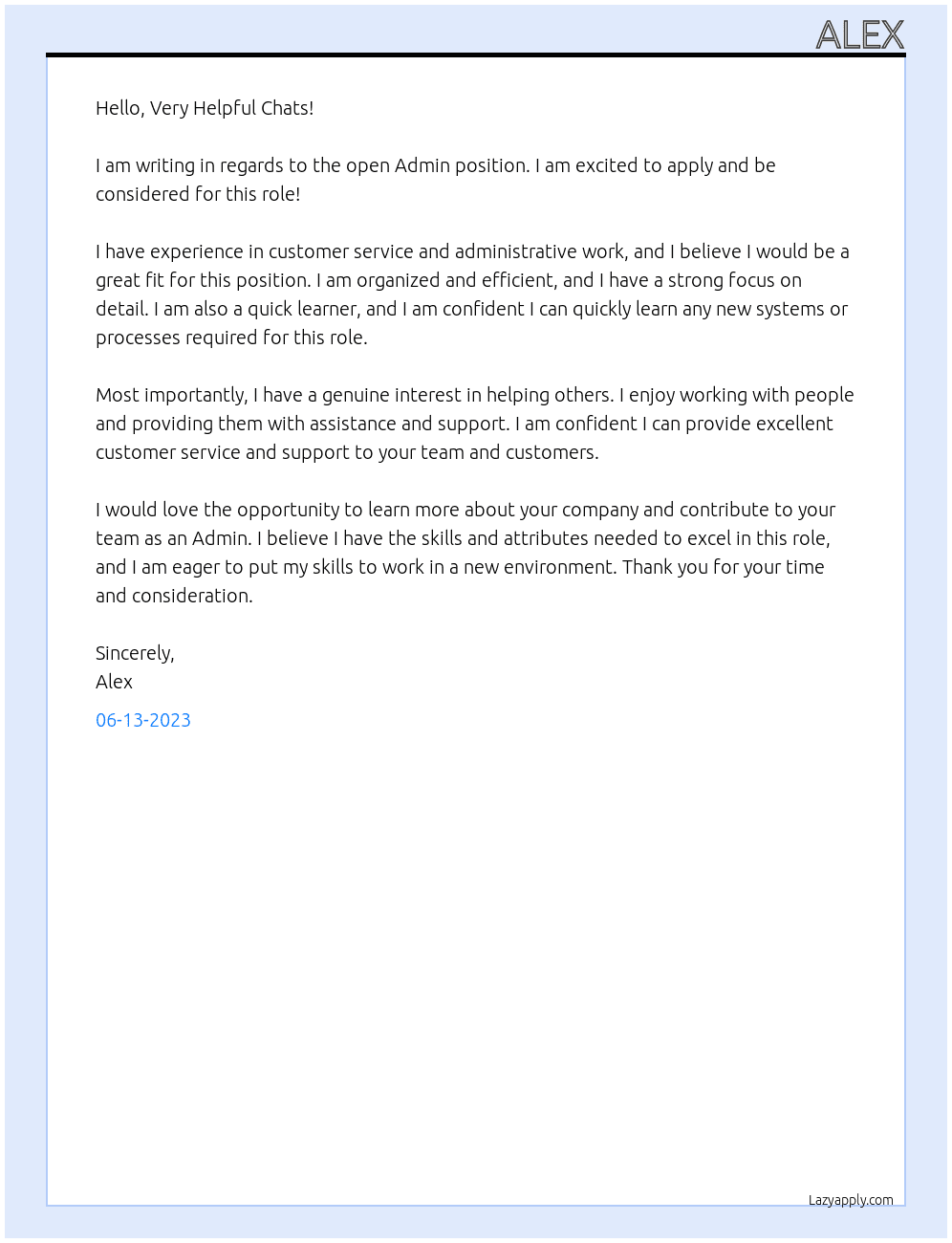 Admin At Very Helpful Chats  Cover Letter