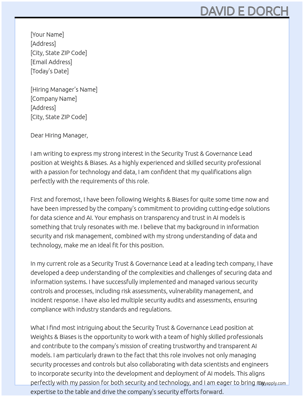 Security Trust & Governance Lead At Weights & Biases Cover Letter