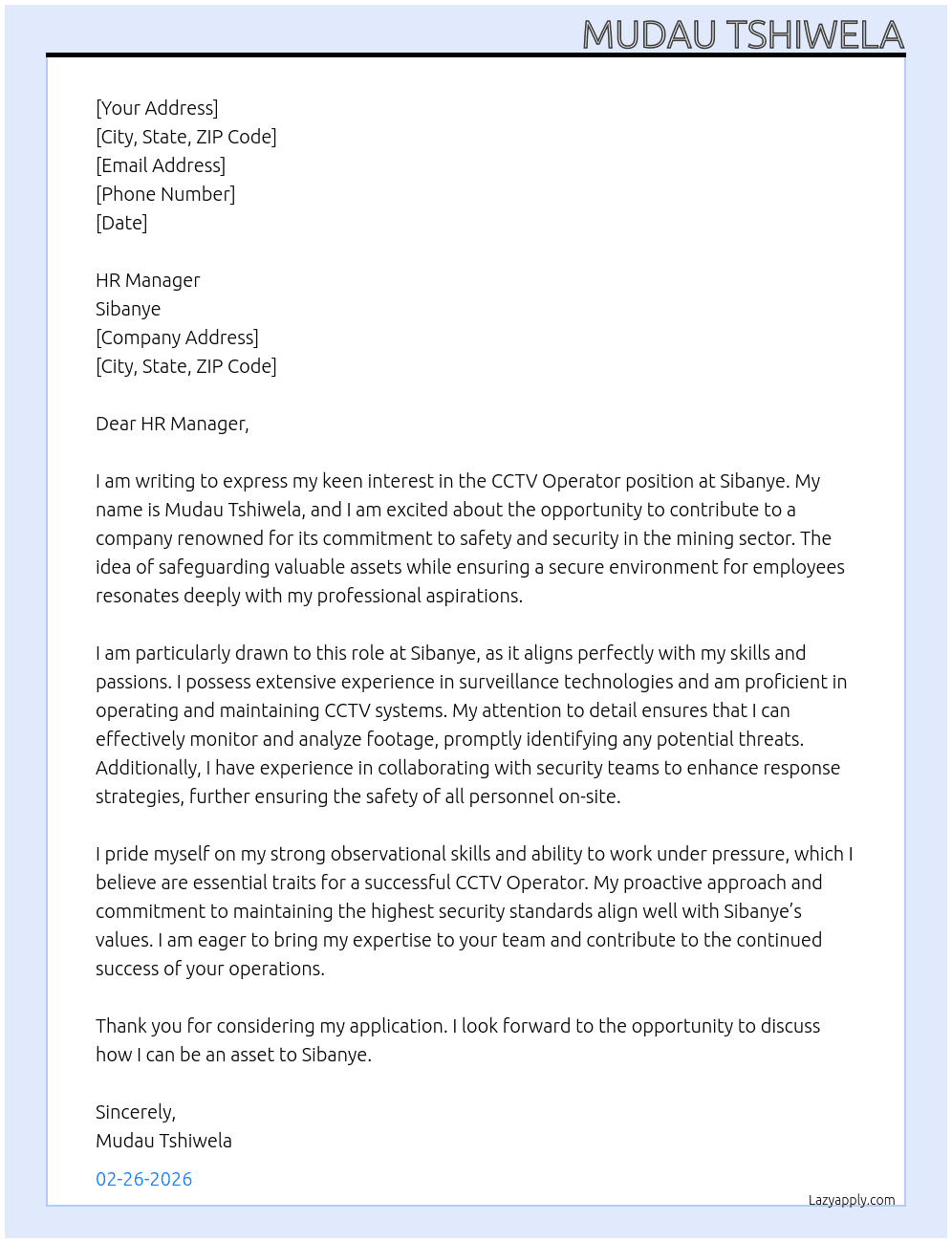 cctv operator At sibanye  Cover Letter