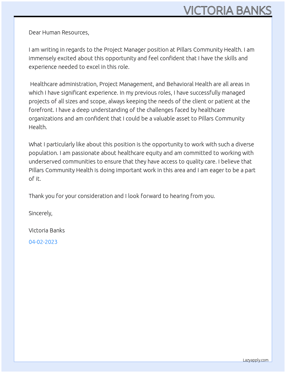 Project Manager At Pillars Community Health Cover Letter