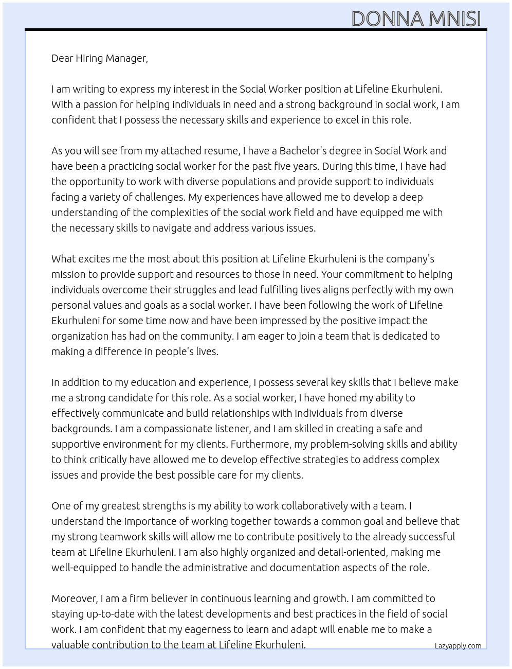Social worker  At Lifeline Ekurhuleni Cover Letter